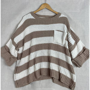Vici Womens Sweater Medium White Tan Stripe Chenille Knit Pullover Boxy Soft